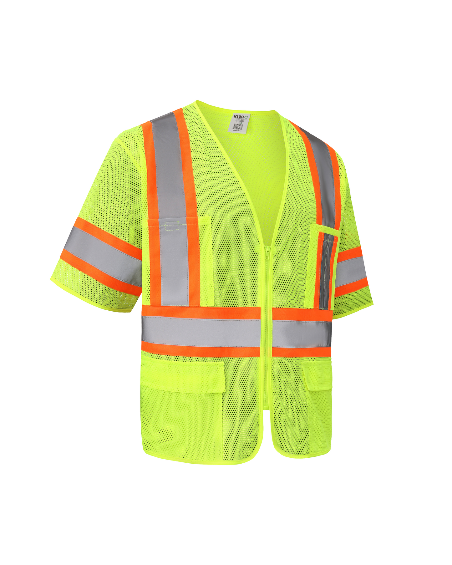 Kiwi High Visibility ANSI/ISEA 107-2020, Type R, Class 3 Contrast Trimmed Neon Short Sleeve Safety Vest (72100)
