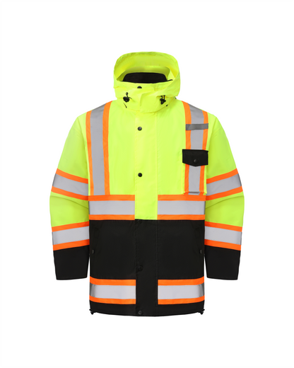 Kiwi High Visibility 3-in-1 Hooded & Fleece Lined ANSI/ISEA 107-2020, Type R, Class 3 Two Tone, Contrast Trimmed Water Resistant Neon Safety Jacket [71500]