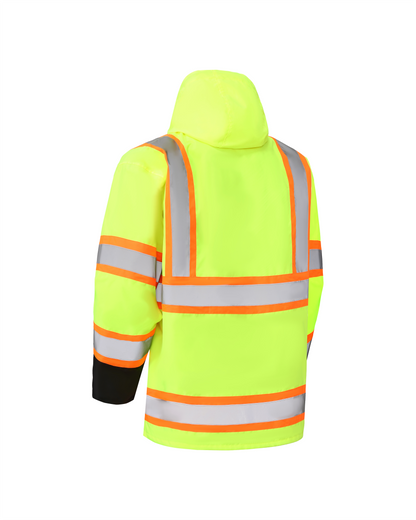 Kiwi High Visibility 3-in-1 Hooded & Fleece Lined ANSI/ISEA 107-2020, Type R, Class 3 Two Tone, Contrast Trimmed Water Resistant Neon Safety Jacket [71500]