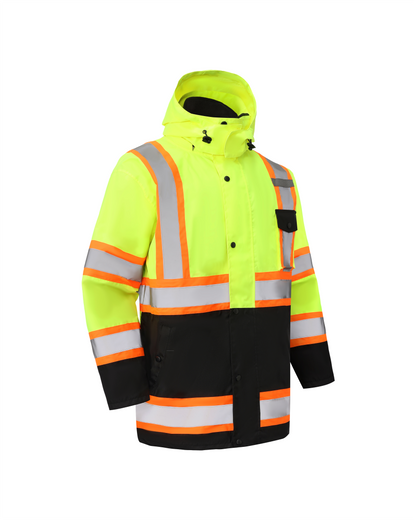 Kiwi High Visibility 3-in-1 Hooded & Fleece Lined ANSI/ISEA 107-2020, Type R, Class 3 Two Tone, Contrast Trimmed Water Resistant Neon Safety Jacket [71500]