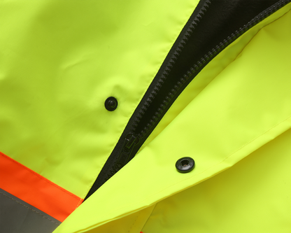 Kiwi High Visibility 3-in-1 Hooded & Fleece Lined ANSI/ISEA 107-2020, Type R, Class 3 Two Tone, Contrast Trimmed Water Resistant Neon Safety Jacket [71500]