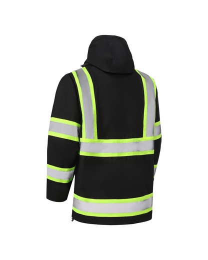 Kiwi High Visibility 3-in-1 Hooded & Fleece Lined ANSI/ISEA 107-2020 Reflector Contrast Trimmed Water Resistant Black Safety Jacket [71600]