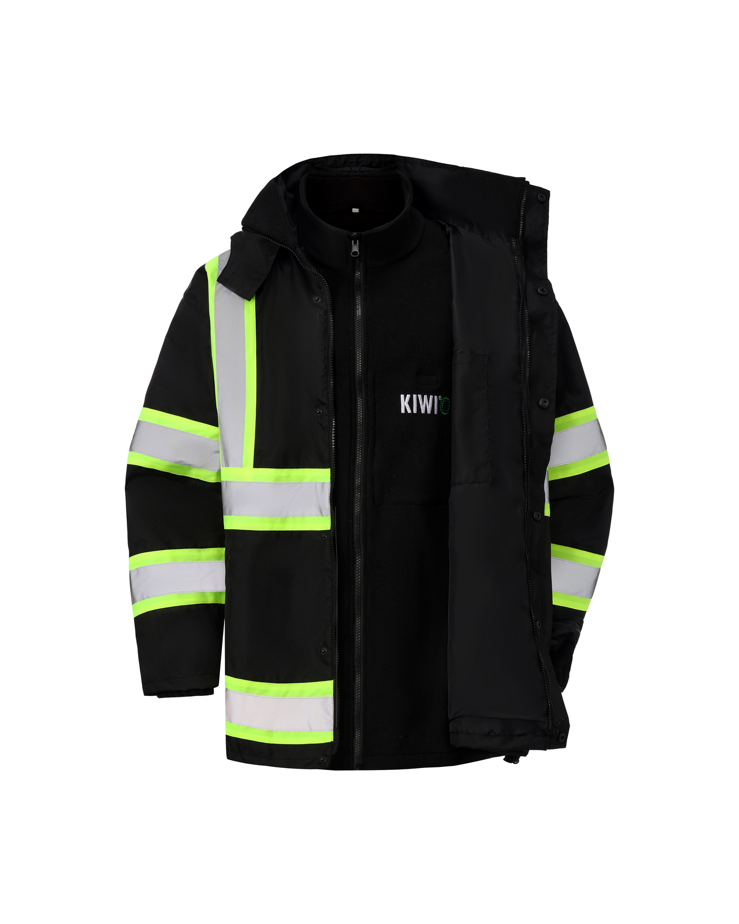 Kiwi High Visibility 3-in-1 Hooded & Fleece Lined ANSI/ISEA 107-2020 Reflector Contrast Trimmed Water Resistant Black Safety Jacket [71600]