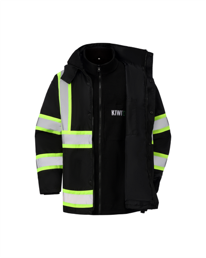 Kiwi High Visibility 3-in-1 Hooded & Fleece Lined ANSI/ISEA 107-2020 Reflector Contrast Trimmed Water Resistant Black Safety Jacket [71600]