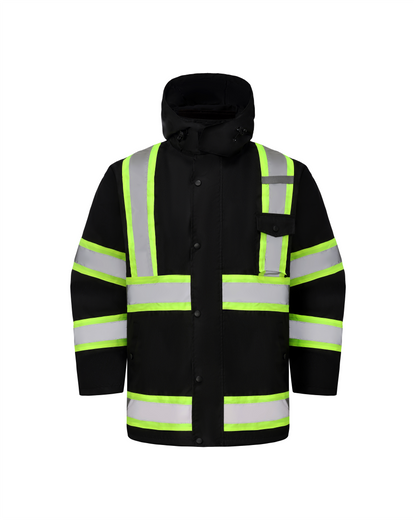 Kiwi High Visibility 3-in-1 Hooded & Fleece Lined ANSI/ISEA 107-2020 Reflector Contrast Trimmed Water Resistant Black Safety Jacket [71600]