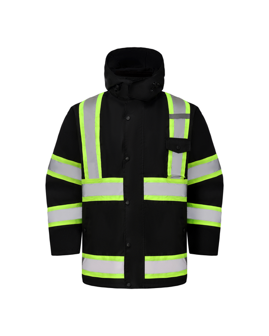Kiwi High Visibility 3-in-1 Hooded & Fleece Lined ANSI/ISEA 107-2020 Reflector Contrast Trimmed Water Resistant Black Safety Jacket [71600]