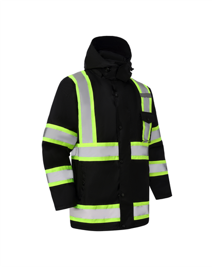 Kiwi High Visibility 3-in-1 Hooded & Fleece Lined ANSI/ISEA 107-2020 Reflector Contrast Trimmed Water Resistant Black Safety Jacket [71600]