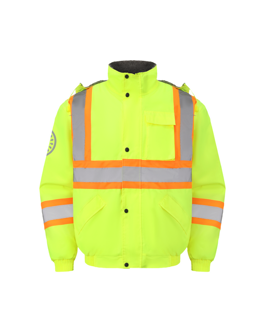 Kiwi High Visibility Hooded & Sherpa Lined ANSI/ISEA 107-2020, Type R, Class 3 Contrast Trimmed Water Resistant Neon Safety Jacket (71100)
