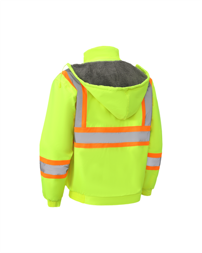 Chaqueta de seguridad impermeable con capucha y forro de color neón de Kiwi, conforme a ANSI/ISEA 107-2020, tipo R, clase 2 (71103)